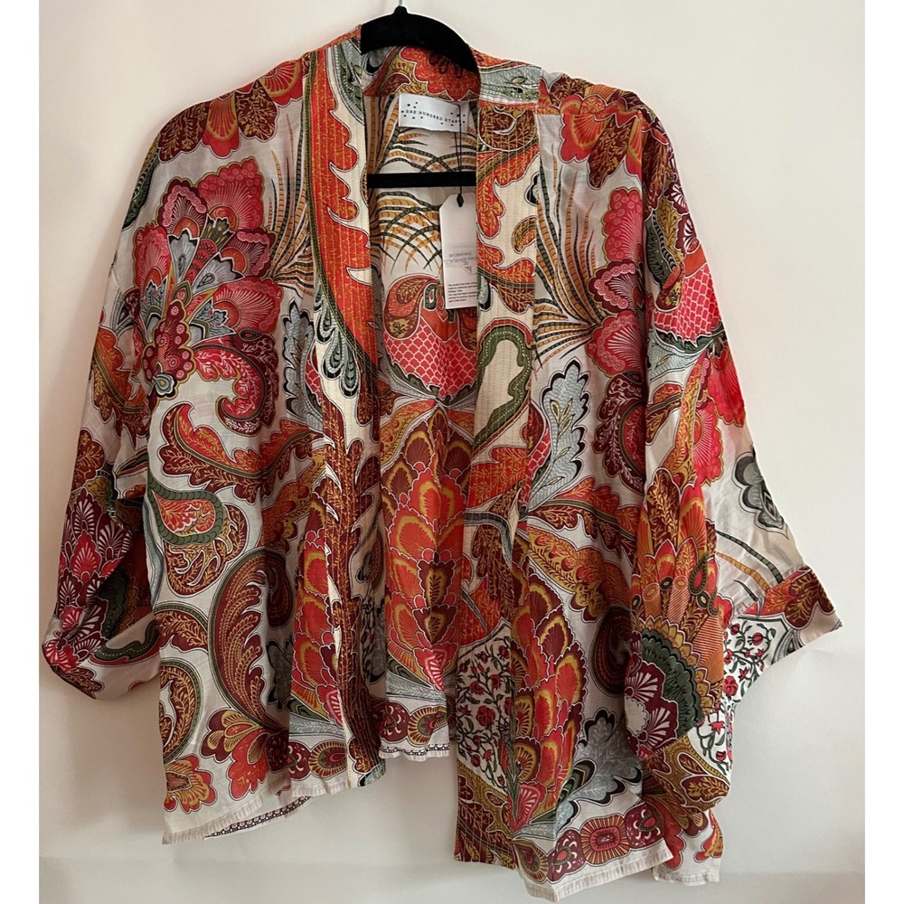 One Hundred Stars Orange Paisley Kimono Jacket Floral Boho Wrap New With Tags